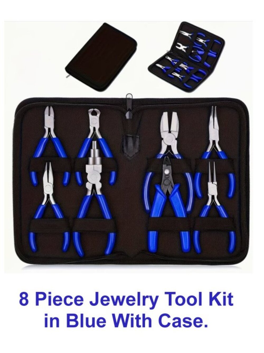 8 Piece Jewelry Tool Kit in Blue With Case.  Full Size. Round-Head, Flat-Head, +